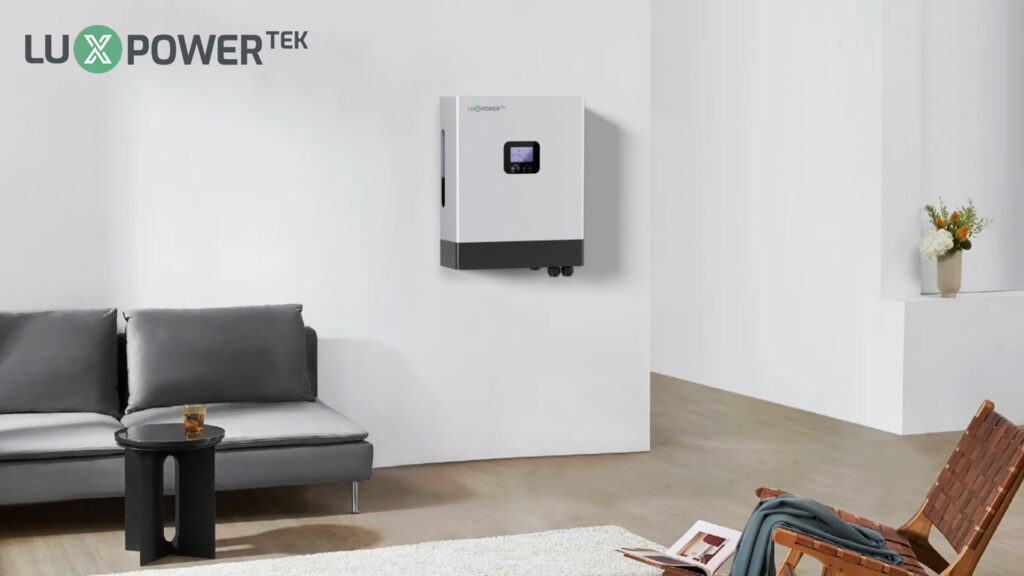 LuxpowerTek off-grid hybrid inverter in a home living room.